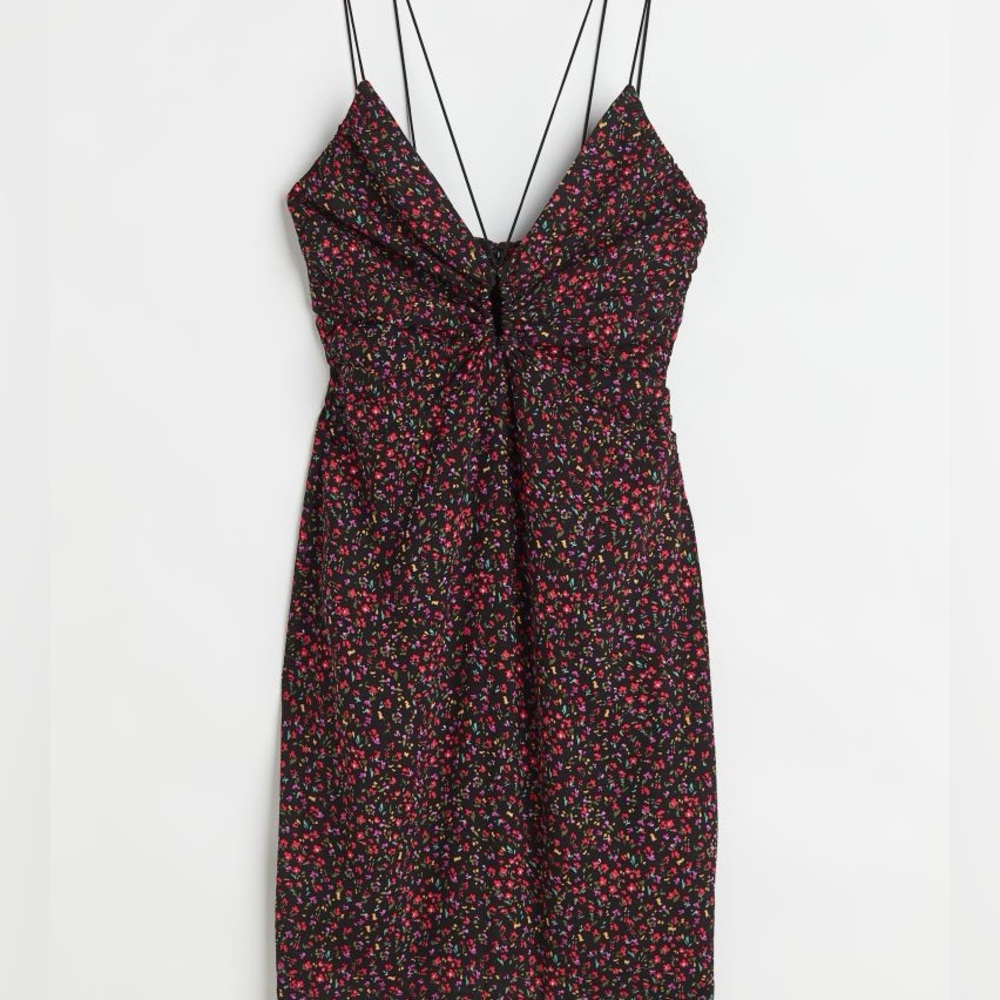 NWT H&M Black Red Floral Strappy Keyhole V-Neck Bodycon Mini Dress Cute Ditsy XS